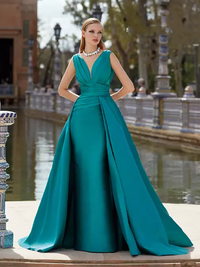 Elegante abito da sera in raso turchese con strascico staccabile, scollo a V, abito da ballo da donna per occasioni speciali
