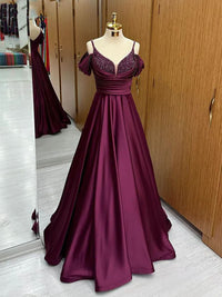 Elegant Purple Evening Gown with Beaded Bodice Off-Shoulder Draped Sleeves Formal Prom Dress