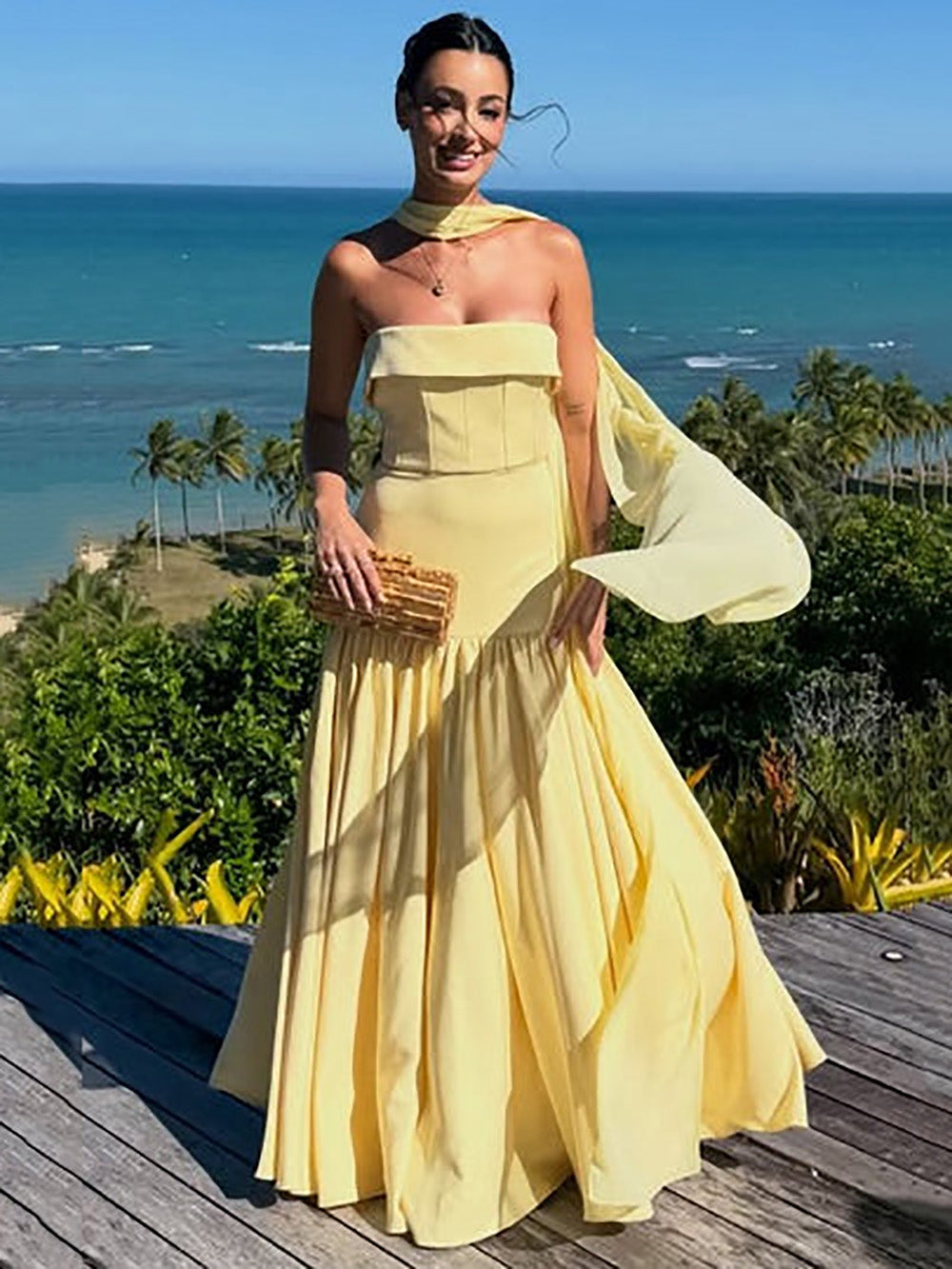 Yellow Strapless Prom Dress with Scarf Elegant Corset Beach Wedding Gu – Msikoods Official Store Yellow Strapless Prom Dress with Scarf Elegant Corset Beach Wedding Gu – Msikoods Official Store