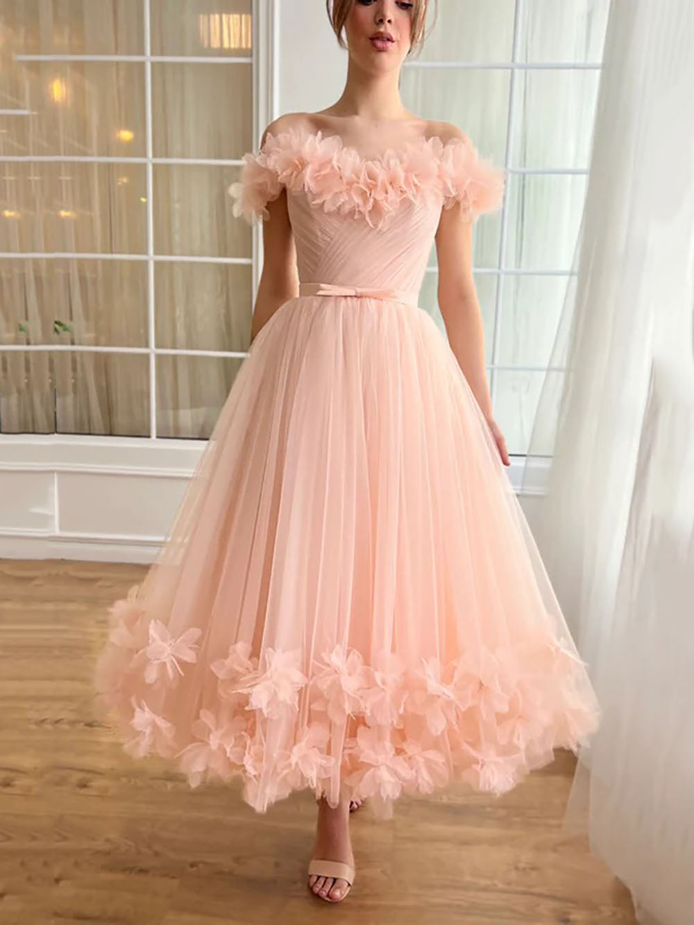 Off Shoulder Pink Midi Prom Dress 3D Floral Sweet 16 Dresses Ms2508257 – Msikoods Official Store