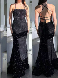 Vestido de Baile Formal de Mulher com Lantejoulas Brilhantes, Estilo Sereia, Fenda, Alças Finas, 2024