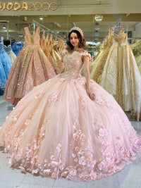 Off Shoulder 3D Flower Ball Gown Sweet 16 Birthday Puffy Prom Dress Beaded Quinceañera Dress Ms2505152