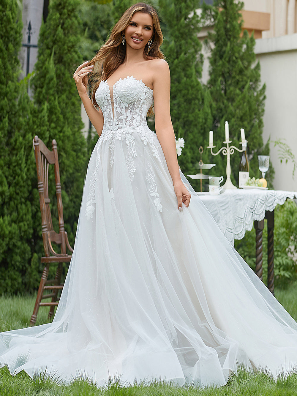 Vestidos de Noiva Elegantes em Renda para Mulheres, Linha A, Sem Mangas, Decote em V, Vestidos Nupciais de Luxo