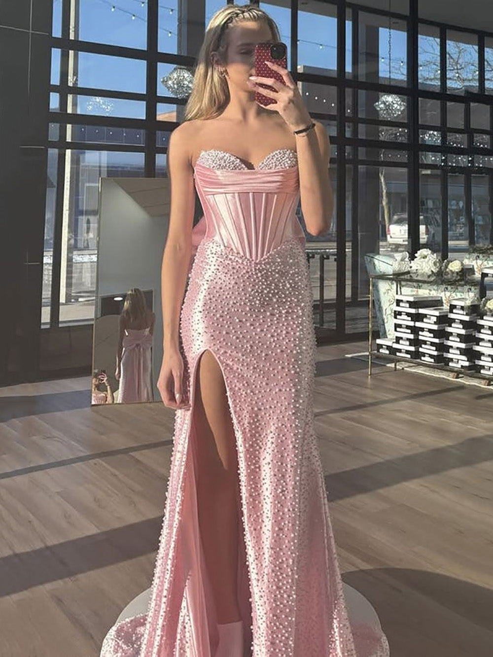 corset mermaid prom dresses Satin Dress Strapless Prom Dress Pearls High Slit Bow Evening Dress Ms2604097 which adds dimension and NEW ON SALE 0-3 months:5 years Royal Blue Dress Macys