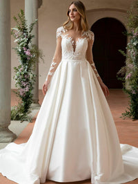 Robe de mariée élégante à manches longues en dentelle illusion en satin Robe de mariée A-Line Dos nu
