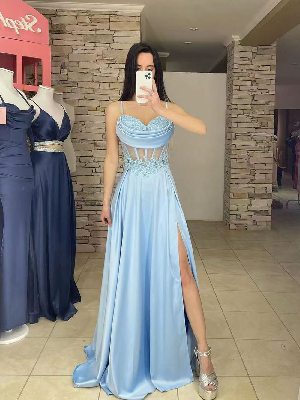 Lace Formal Evening Gown Spaghetti strap Pleats Side Slit Graduation Dress Party Dress