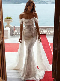 Sexy abito da sposa sirena aderente con glitter, scollo a barca, abiti da sposa boho, abito da sposa lucido