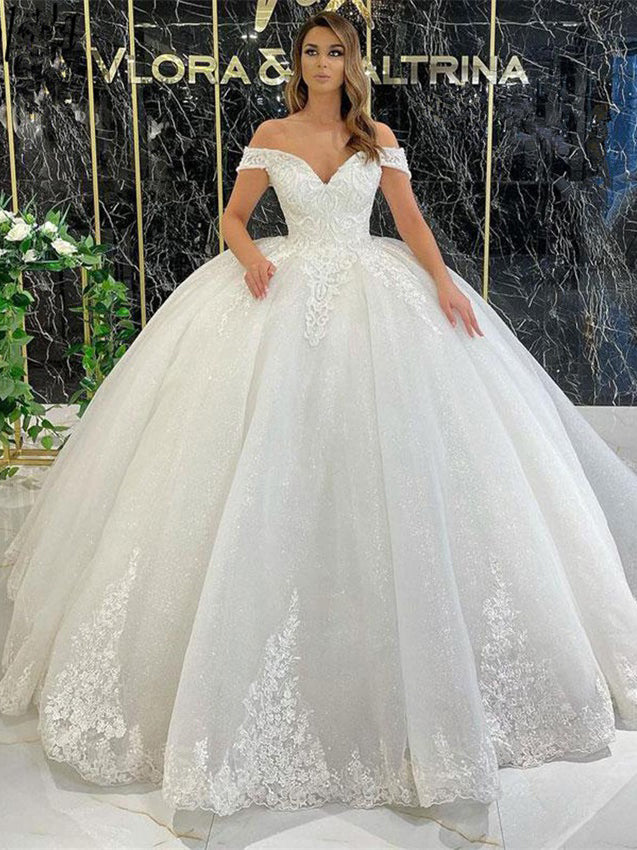 Abito da sposa con scollo a barca per donna, abito da sposa con applicazioni in pizzo, tulle glitterato, abiti da sposa di lusso