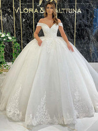 Abito da sposa con scollo a barca per donna, abito da sposa con applicazioni in pizzo, tulle glitterato, abiti da sposa di lusso