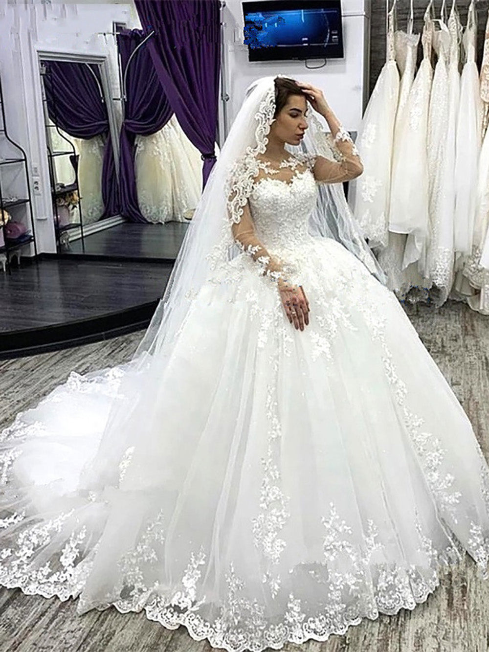 Elegant Long Sleeves Plus Size Wedding Dress 2024 Women Appliques Lace –  Msikoods Official Store