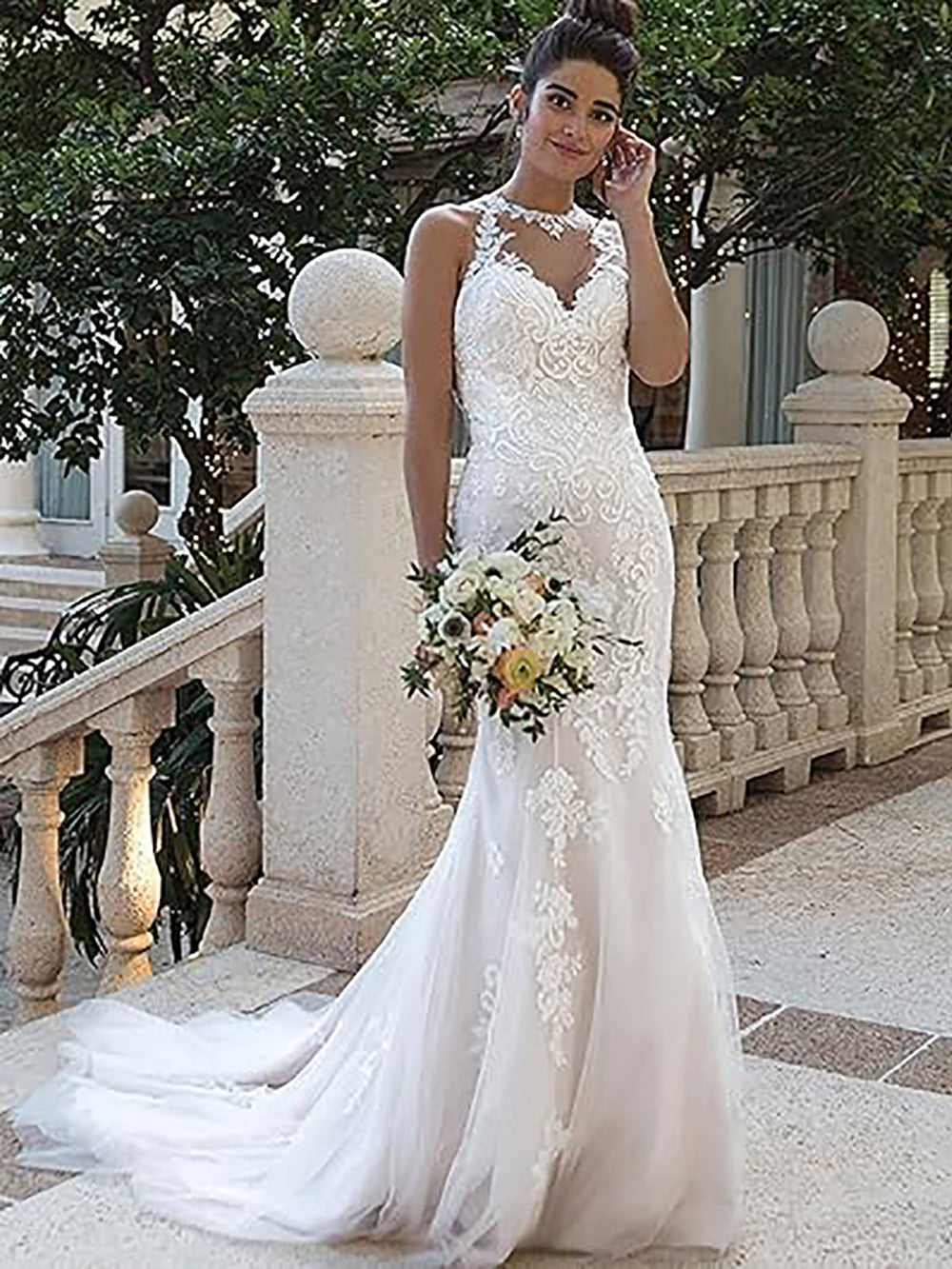 Halter Neck Lace Wedding Dresses for Bride 2025 Illusion Lace Applique –  Msikoods Official Store
