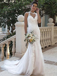 Halter Neck Lace Wedding Dresses for Bride 2025 Illusion Lace Applique Sleeveless Mermaid Bridal Gowns