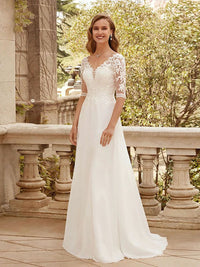Half Sleeves Bridal Dress Lace Appliques Wedding Dress Chiffon Train Ms250601