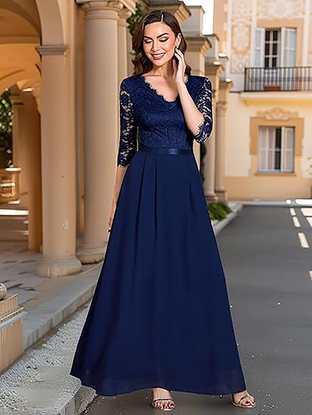 Abito lungo da sera formale da donna con pizzo floreale e maniche 2/3, abito da damigella