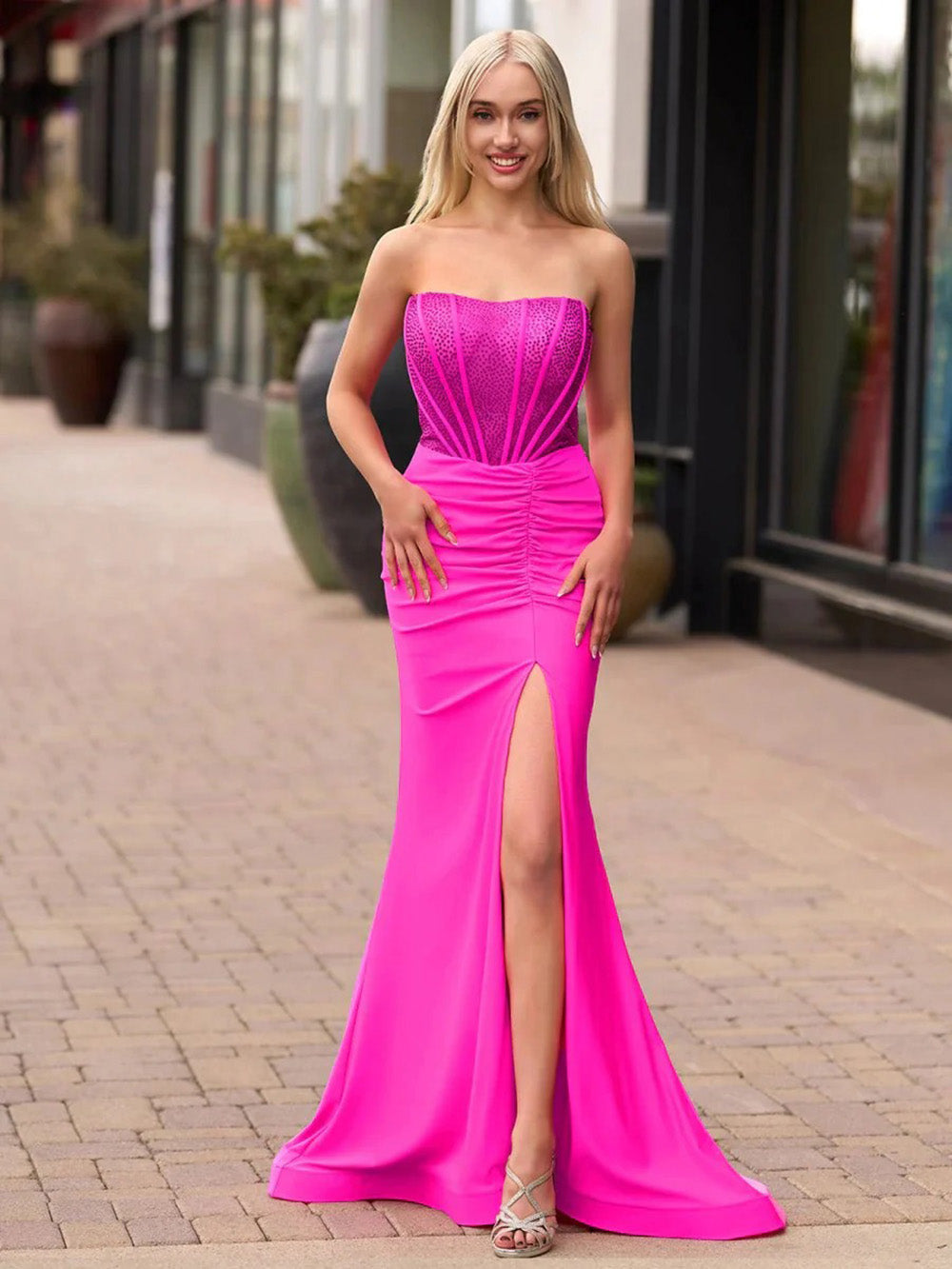 Sequin Corset Evening Dress with High Slit Strapless Prom Gown 2025 Ms2506155