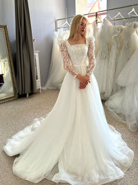 Luxury Wedding Dresses Square Collar Puff Long Sleeves A Line Ruched Women Bride Dress Sequin Lace Bridal Gown