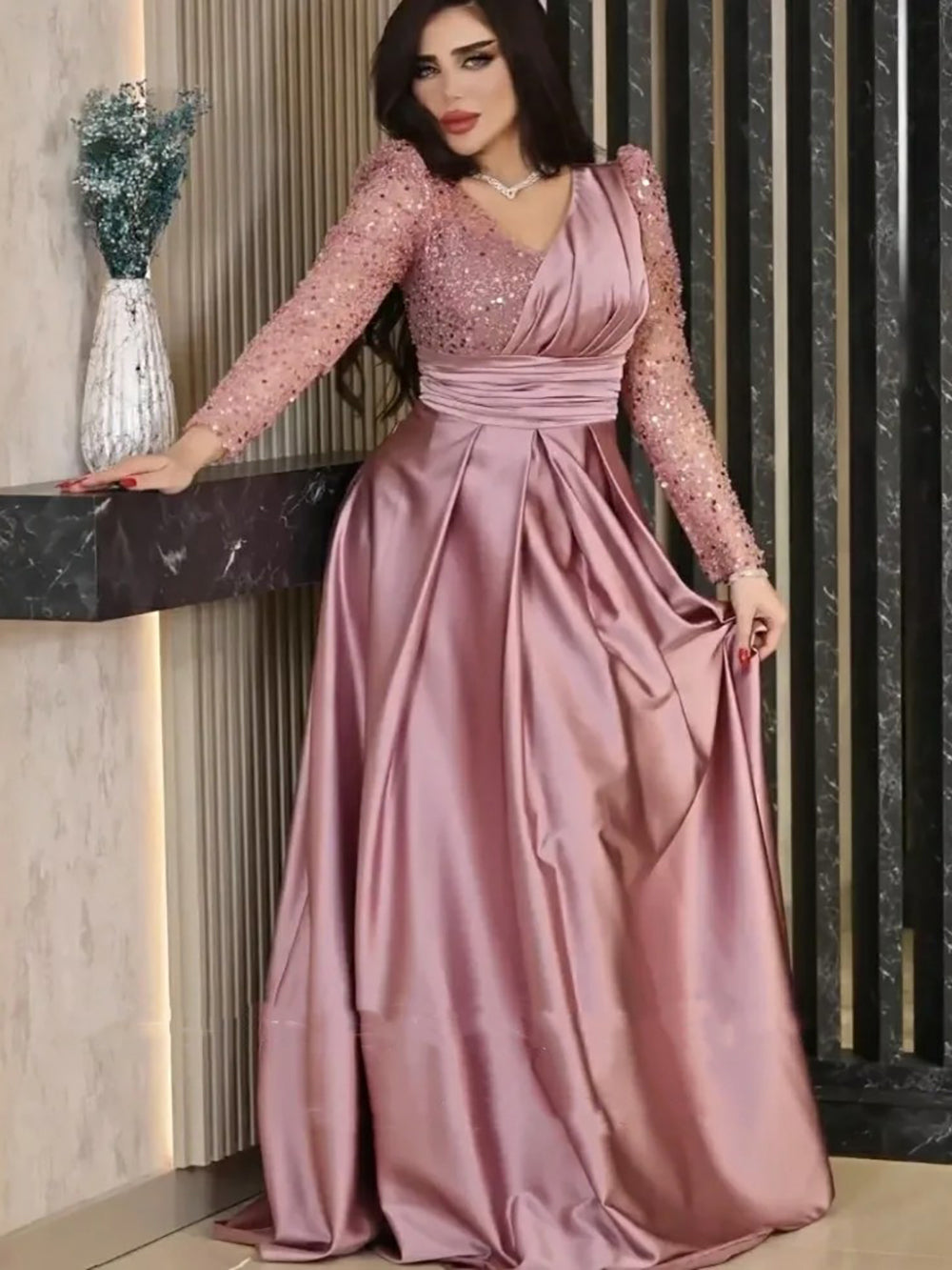 Abito da sera di lusso con scollo a V, rosa polvere, paillettes, maniche lunghe, abito da festa per ballo e matrimonio