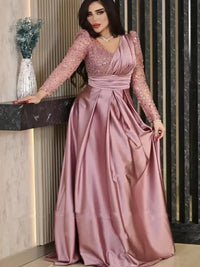Abito da sera di lusso con scollo a V, rosa polvere, paillettes, maniche lunghe, abito da festa per ballo e matrimonio
