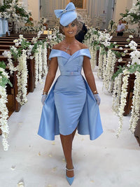 Abito da sera midi personalizzato con spalle scoperte e sovragonna, abito da cerimonia per invitata a matrimonio, abito da damigella