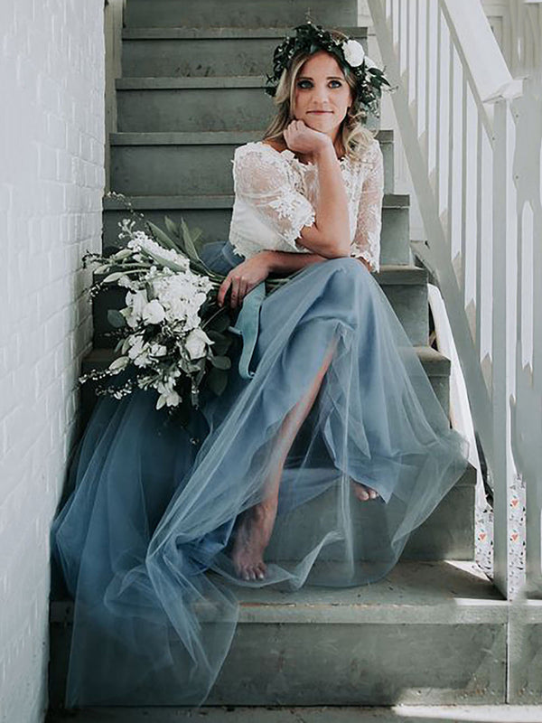 Boho Two Piece Bridal Gown Lace Top Blue Tulle Romantic Wedding Dress Set Ms2507222