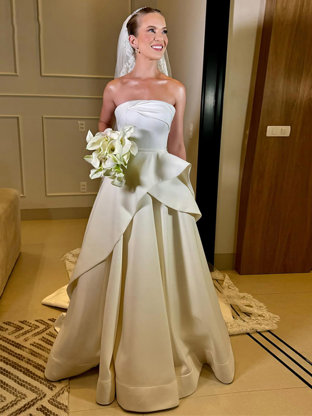 Elegant Satin Strapless Wedding Dress Brrides Simple Ruffles Layered S –  Msikoods Official Store