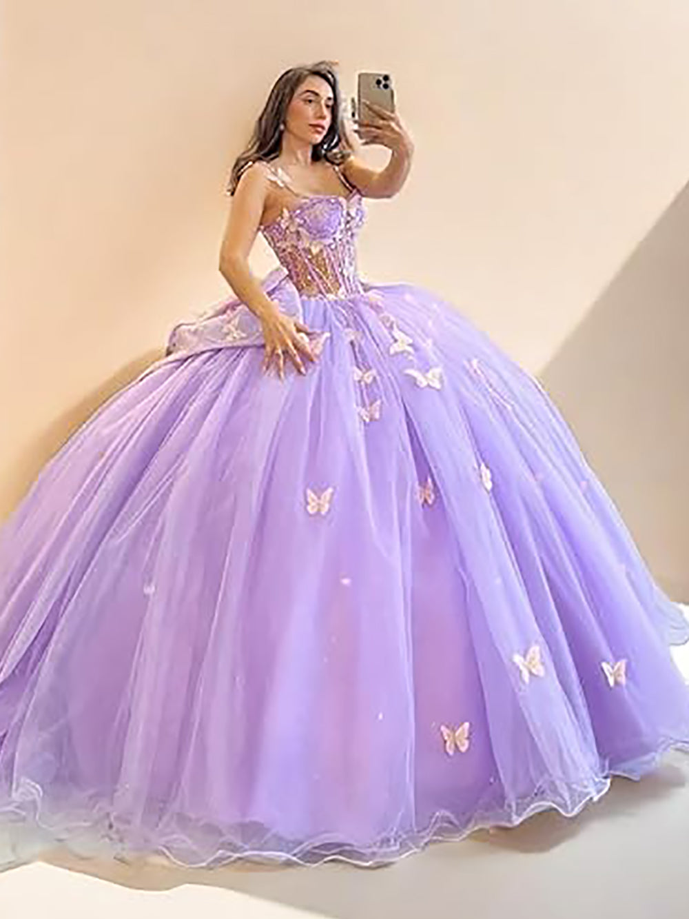 purple quince dresses with butterflies 3D Butterfly Sheer Bodice w/ Long Mesh Cape Quinceanera...  dimensional embroidered lace butterflies featured on the bodice Butterfly Princes Dress Quinceaera Dress