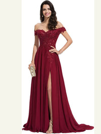 Abito da sera lungo in chiffon con spacco e applicazioni in pizzo a spalle scoperte Ms2503133