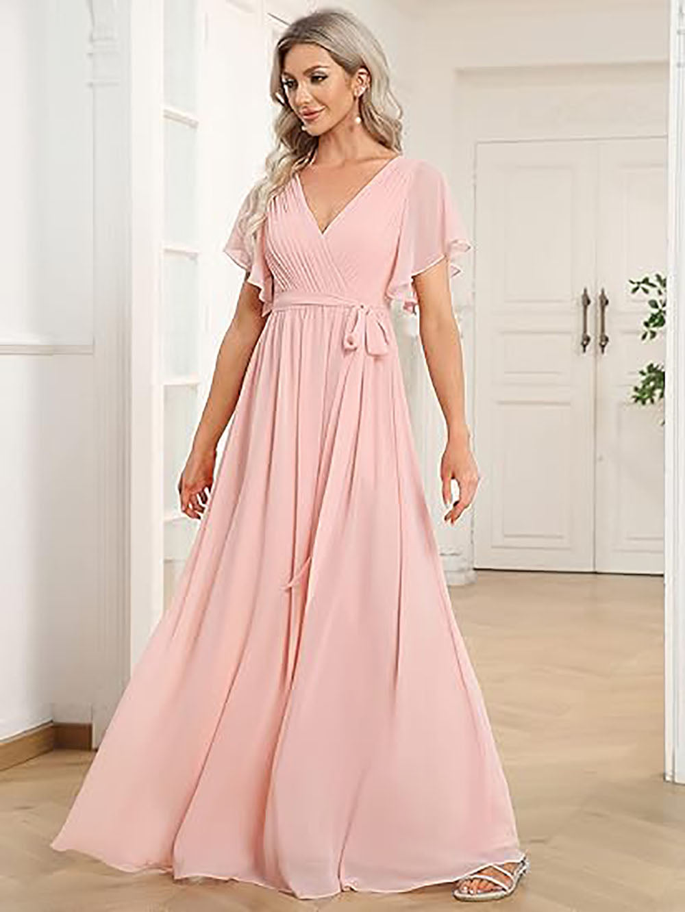 Abito da damigella con scollo a V, maniche a volant, arricciato, da festa, lungo fino al pavimento, in chiffon, abito formale