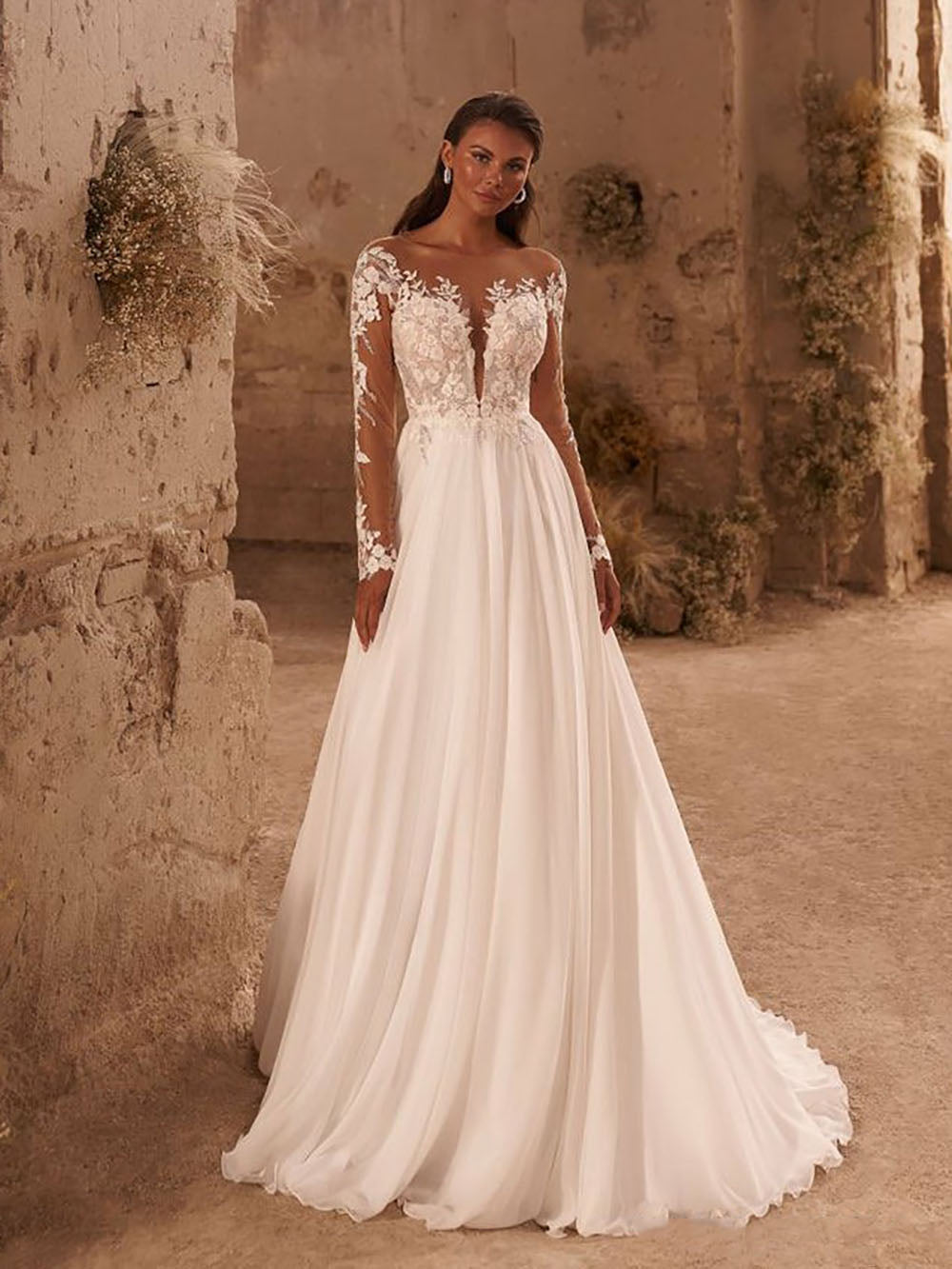 Boho Long Sleeves Wedding Dress Chiffon Lace Appliques A-Line Bridal Gowns Ms2506013