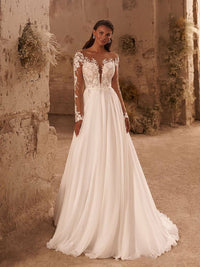 Boho Long Sleeves Wedding Dress Chiffon Lace Appliques A-Line Bridal Gowns Ms2506013