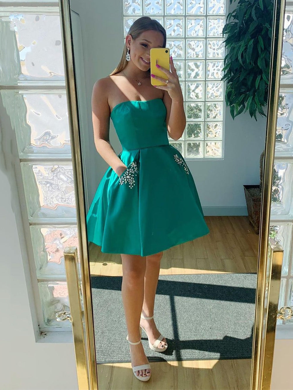 Strapless Homecoming Dress A Line Satin Short Cocktail Dress Pockets Beaded Formal Party Dress Ms2607242