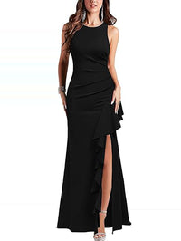 Vestido de Baile Elegante de Sereia Sem Mangas com Fenda Alta e Folhos, Vestido Longo Formal para Noite, Vestido para Convidada de Casamento