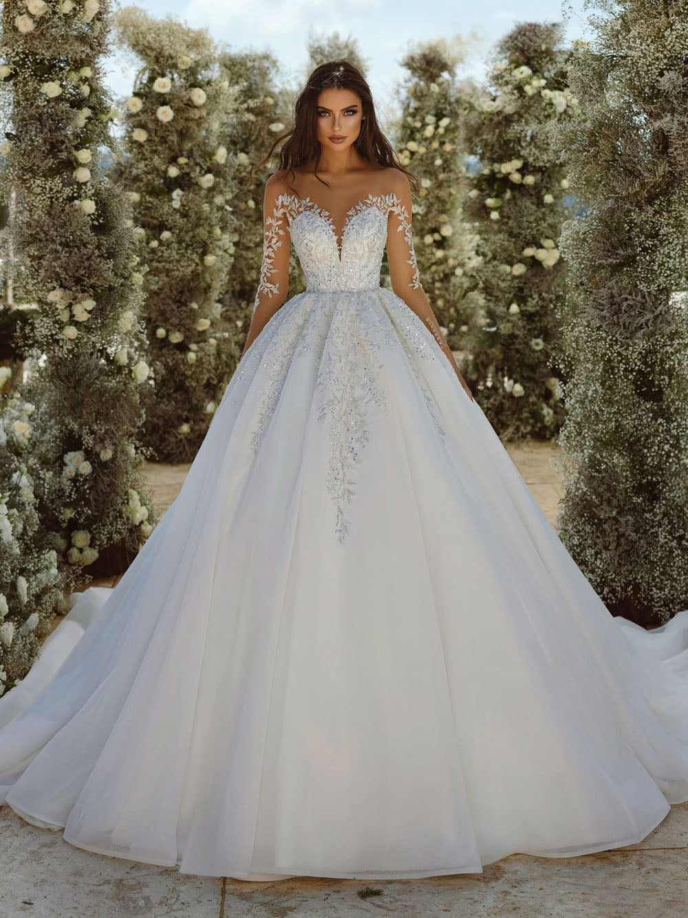 Luxury Wedding Dresses Illusion Lace Applique Wedding Gown Long Sleeve V Neck Backless Corset Bride Dress