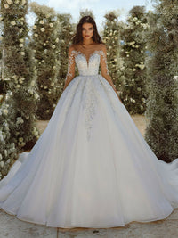 Luxury Wedding Dresses Illusion Lace Applique Wedding Gown Long Sleeve V Neck Backless Corset Bride Dress