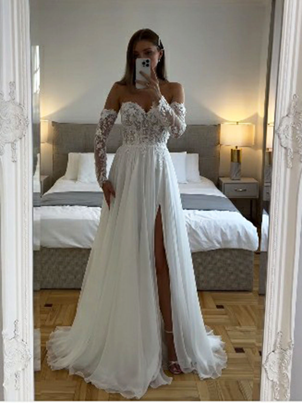 Abiti da sposa boho in tulle morbido maniche lunghe scollo a cuore applicazioni in pizzo abiti da sposa spacco laterale abito da sposa