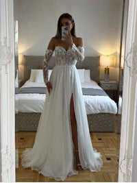 Abiti da sposa boho in tulle morbido maniche lunghe scollo a cuore applicazioni in pizzo abiti da sposa spacco laterale abito da sposa
