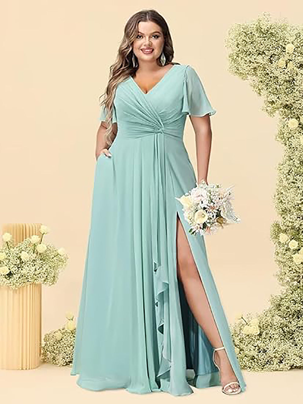 Vestido de Dama de Honra Comprido com Mangas de Folha, Bolsos, Chiffon Franzido, Corte Longo em A, Vestido Formal para Festa com Fenda