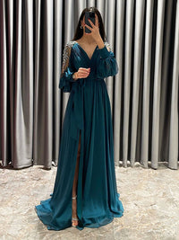 Abito da sera prom con scollo a V in chiffon, perline, paillettes, maniche lunghe, abito da festa con spacco Ms2503153