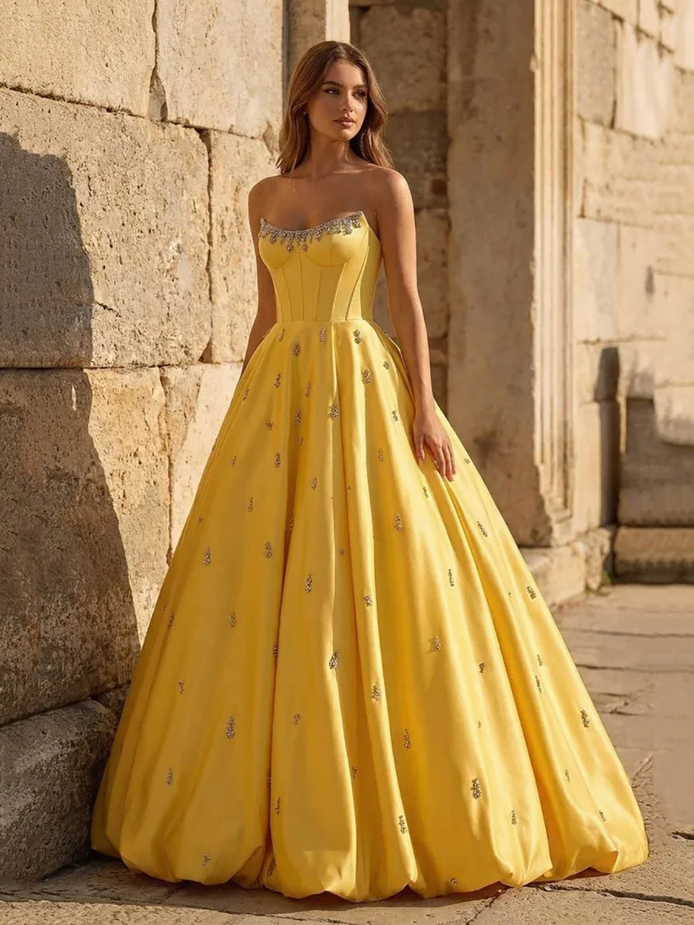 Yellow Prom Dress Strapless Corset Crystal Beaded Satin Ball Gown Even – Msikoods Official Store