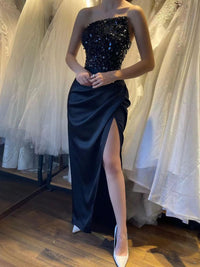 Robe de soirée sirène à paillettes, robe de soirée formelle en satin noire fendue sur le côté, robe de soirée pour invités de mariage