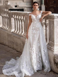 Hochzeitskleid Kurze Ärmel Spitzenapplikationen Meerjungfrau Brautkleid Mit Abnehmbarer Schleppe Überrock Spitze Brautkleider