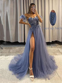 Abiti da sera in tulle glitterato con maniche 2024, scollo a cuore a spalle scoperte, fiori 3D, abiti da festa con spacco