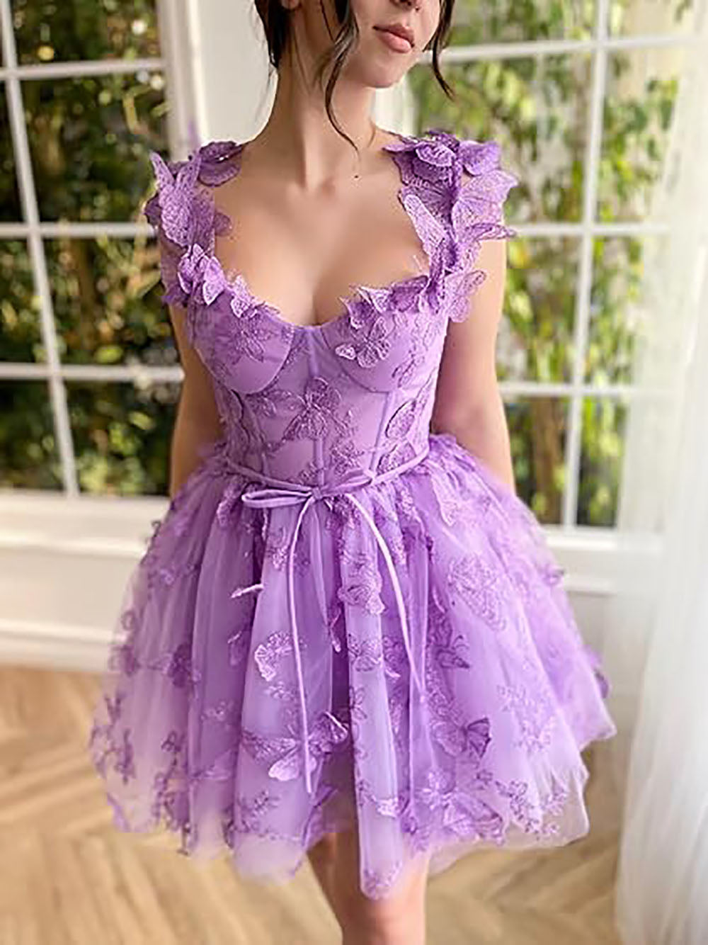 Abito corto da sera in tulle da donna con farfalle 3D, abiti da ritorno a casa con applicazioni in pizzo, abiti da cocktail con spalline sottili