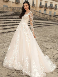 Champange Wedding Dresses Lace Up Corset A-Line Appliques Long Sleeves Boho Bride Dress Plus Size