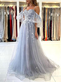 Vestidos de Baile Longos com Ombros Descobertos, Tule, Apliques, Vestido de Festa com Alças Finas, Vestidos Formais de Noite