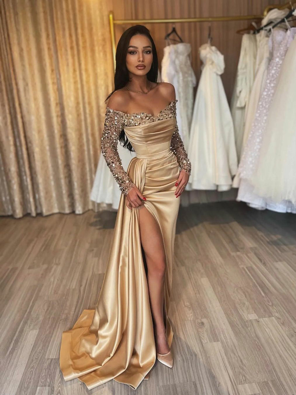Sequin Long Sleeve Prom Dress Off Shoulder Satin Slit Party Gown Merma Msikoods Official Store Sequin Long Sleeve Prom Dress Off Shoulder Satin Slit Party Gown Merma Msikoods Official Store