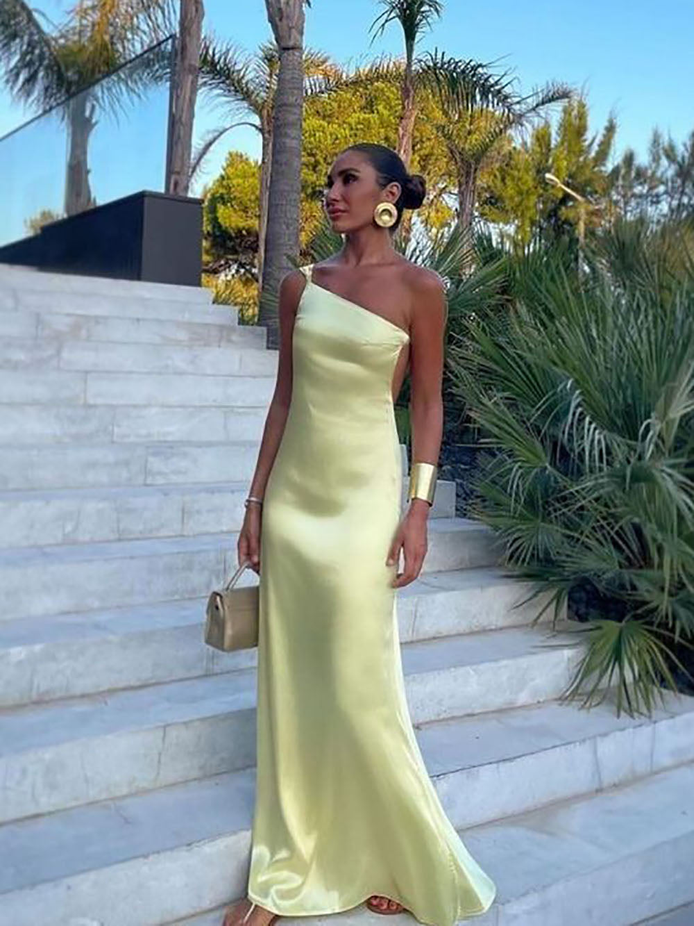 One Shoulder Backless Satin Evening Dress Yellow Prom Gown Summer Part Msikoods Official Store One Shoulder Backless Satin Evening Dress Yellow Prom Gown Summer Part Msikoods Official Store