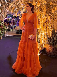 Vestido de Festa de Tule em Camadas Laranja com Mangas Bufantes para Gala ou Eventos Formais