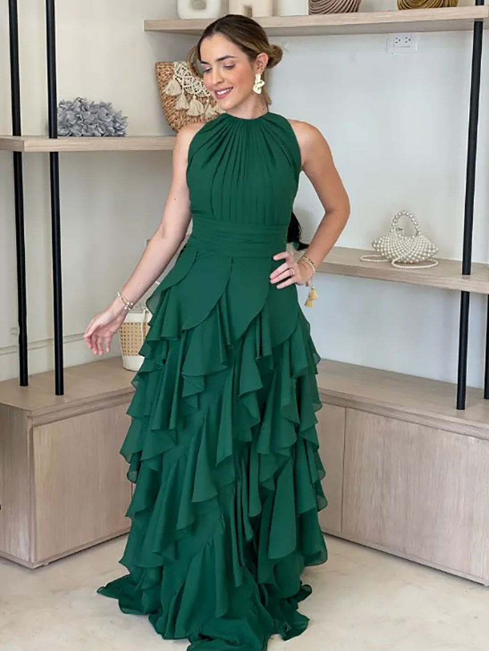 Robe de soirée élégante à volants verts pour femme, robe de soirée à col rond, robe de soirée formelle