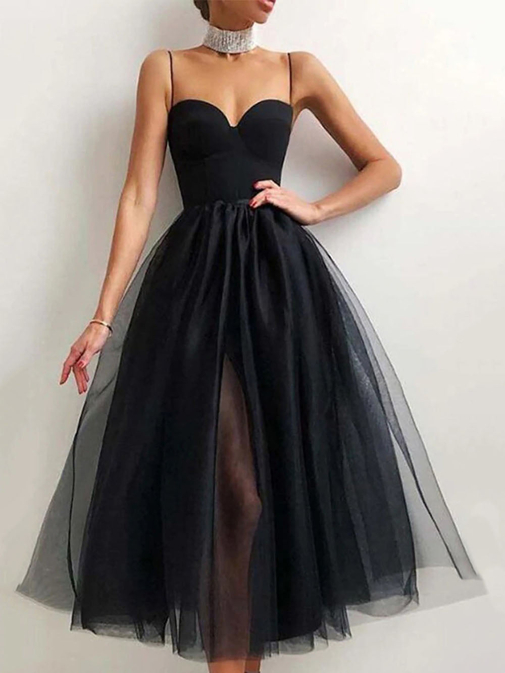 black midi prom dress One-Shoulder A-Line Midi Party Dress Black / 0